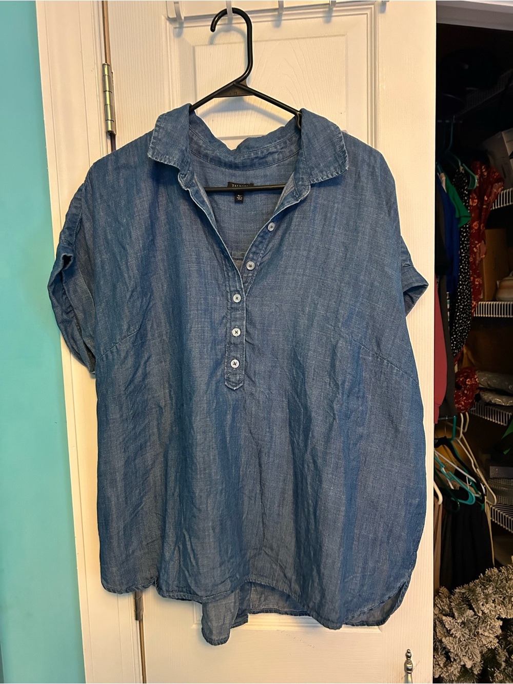 Talbots Blue Short-Sleeve Denim-Style Button Front Shirt